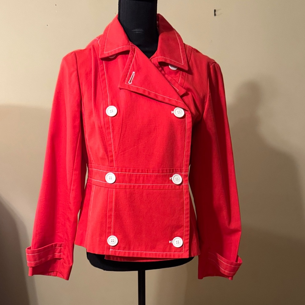 Bandolino Red Double-Breasted Pea Coat with White Buttons